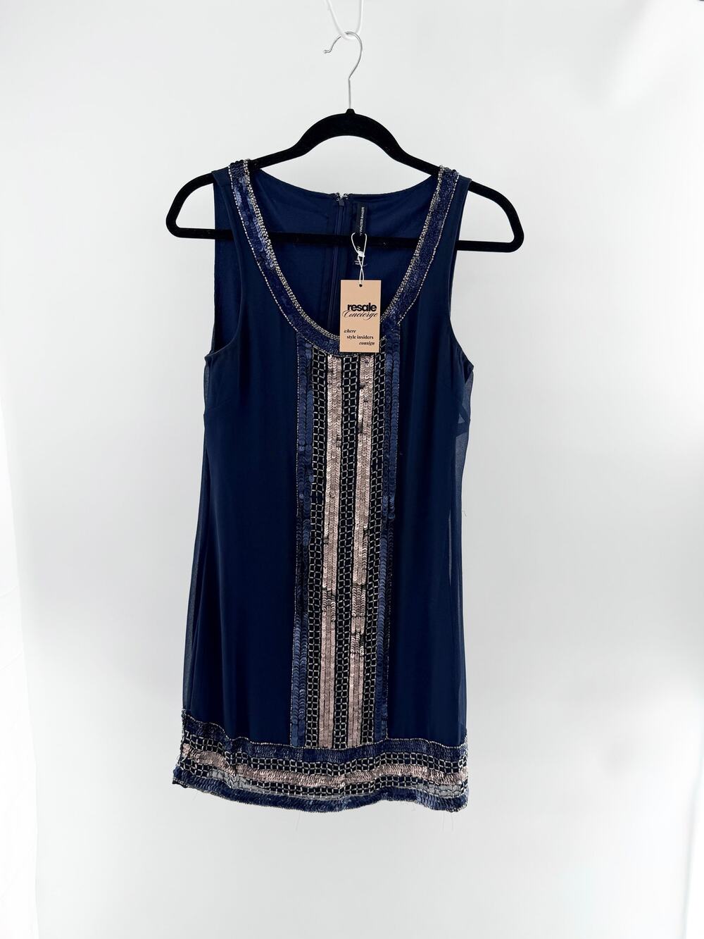 W118 by Walter Baker Embellished Sequin Scoop Neck Mini Dress Navy Womens XS